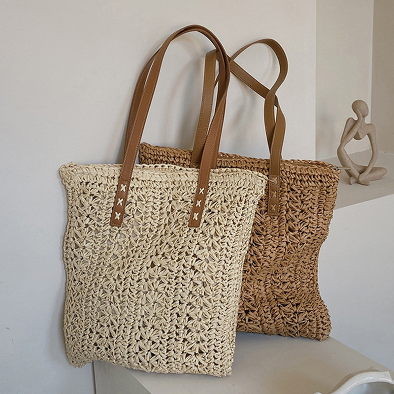 Women'S Raffia Bags - Kwadratowa torba plażowa ze słomy ręcznie